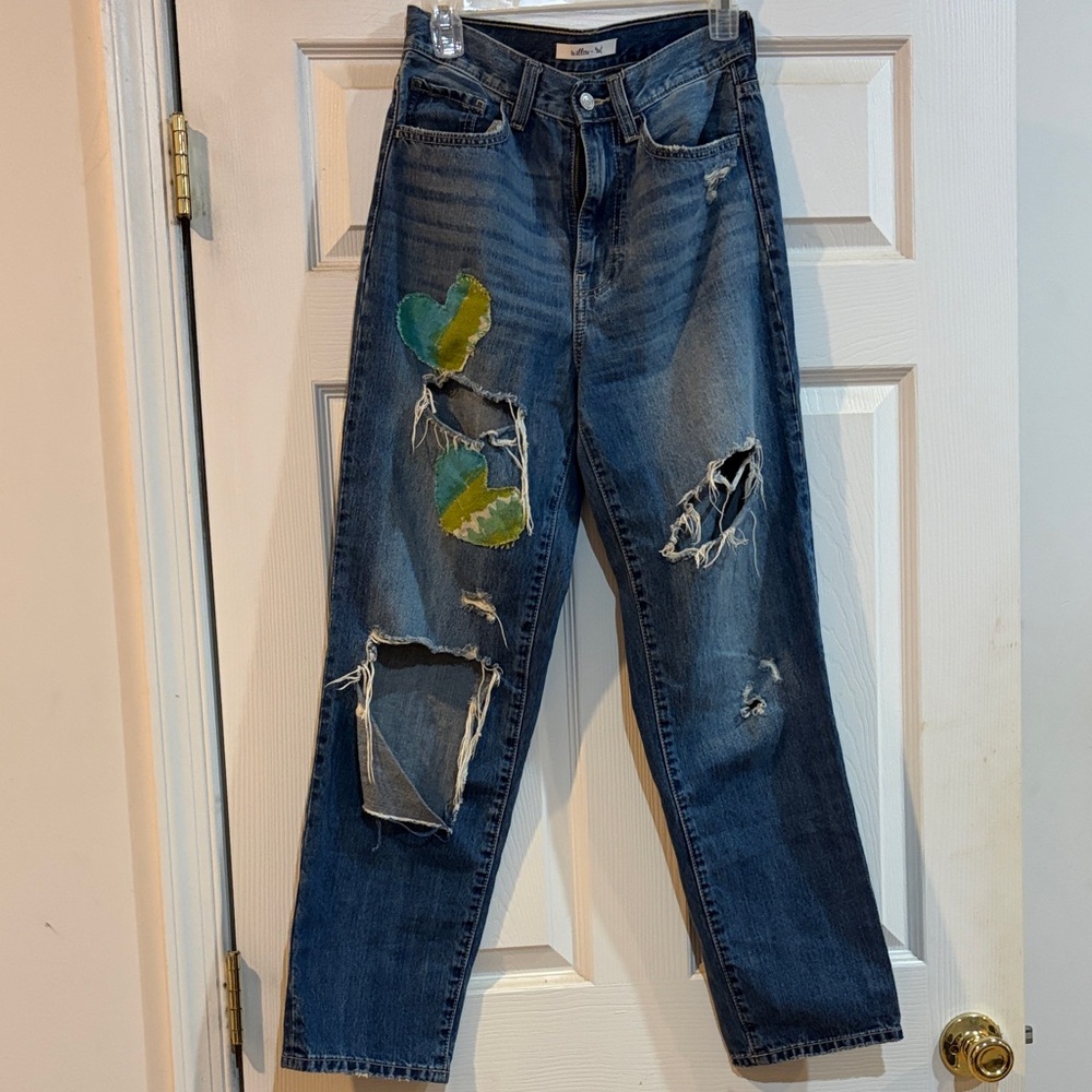 Willow & Root Anthropologie Blue Boyfriend Jeans with Colorful Patch